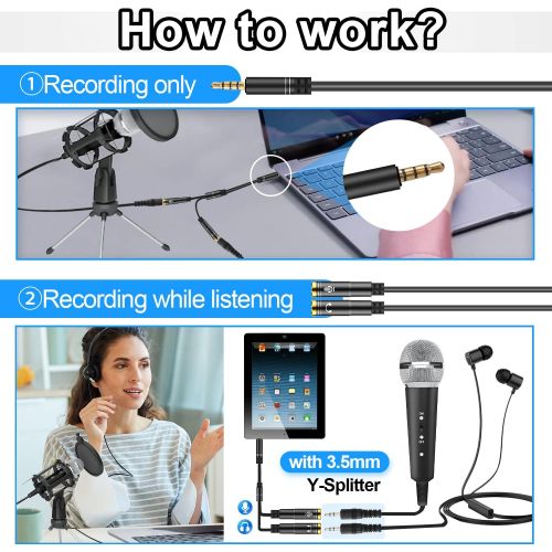  Recording Microphone with Stand, PEYOU Plug and Play Microphone for iPhone Computer, with [Real-Time Earback Monitor] Podcast Condenser Microphone, Clear Sound PC Mic for Singing/G