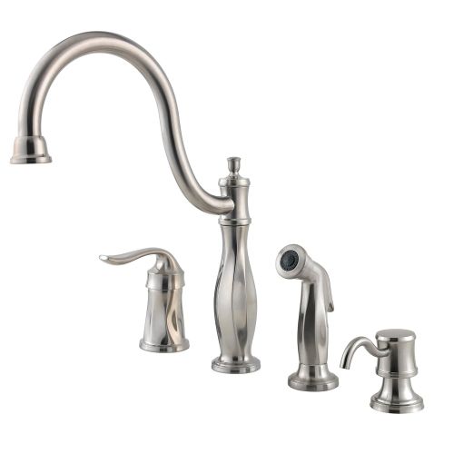  Pfister LF0264TWS Cadenza 1-Handle Kitchen Faucet with Side Spray and Soap Dispenser in Stainless Steel, Water-Efficient Model