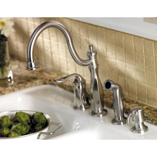  Pfister LF0264TWS Cadenza 1-Handle Kitchen Faucet with Side Spray and Soap Dispenser in Stainless Steel, Water-Efficient Model