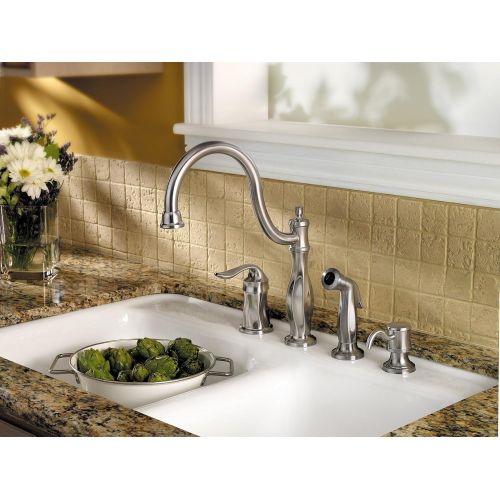  Pfister LF0264TWS Cadenza 1-Handle Kitchen Faucet with Side Spray and Soap Dispenser in Stainless Steel, Water-Efficient Model