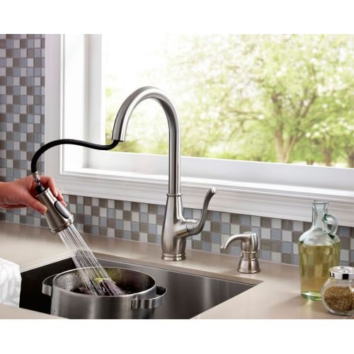  Pfister F5297SWS Sedgwick 1-Handle Pull-Down Kitchen Faucet with Soap Dispenser, Stainless Steel