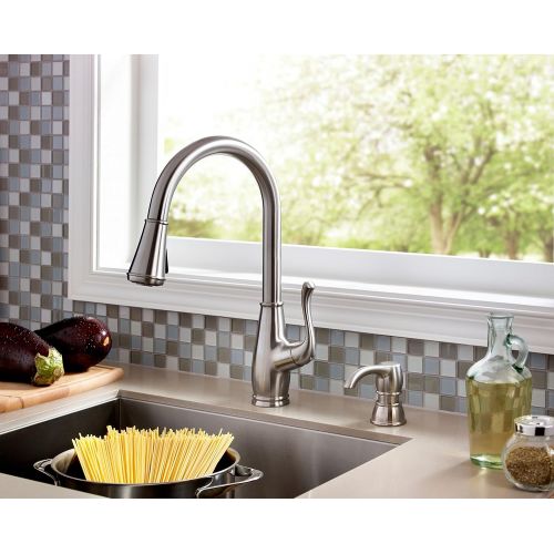  Pfister F5297SWS Sedgwick 1-Handle Pull-Down Kitchen Faucet with Soap Dispenser, Stainless Steel