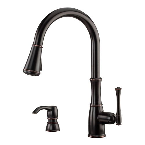  Pfister F5297WHY Wheaton 1-Handle Pull-Down Kitchen Faucet with Soap Dispenser, Tuscan Bronze