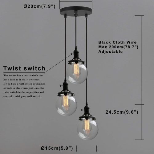  Phansthy Chandelier Light 3 Lights Industrial Pendant Light with 5.9 Inch Clear Glass Canopy