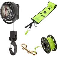 Phantom Aquatics Italian Design 360° Ratcheted Rotating Bezel Retractable Compass + SMB Surface Marker Buoy Inflatable Signal Tube + Finger Spool Reel & Brass Bolt Snap