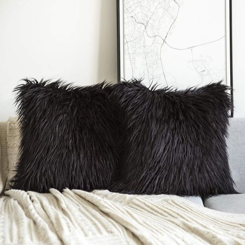  Set of 2 Throw pillow Covers Faux Fur Phantoscope Decorative New Luxury Series Merino Style Black Faux Fur Throw Pillow Case Cushion Cover 18 x 18