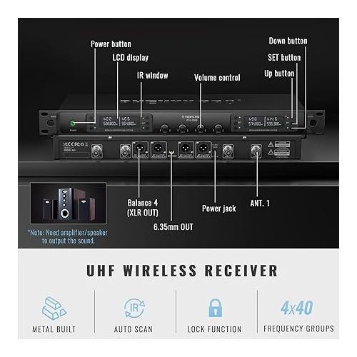  Phenyx Pro Wireless Microphone System, UHF Four Channel Wireless Mic Set w/ 4 Bodypacks and Headsets/Lapel Mics, 4x40 Channels, Auto Scan,328ft Coverage, Mic for Singing, DJ, Church(PTU-7000B)