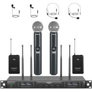 Phenyx Pro Quad Wireless Microphone System w/ 4x40 UHF Channels, Auto Scan, 2 Handheld Dynamic Mics, 2 Bodypacks & Headsets/Lapel Microphones for Singing, DJ, Church (PTU-7000-2H2B)