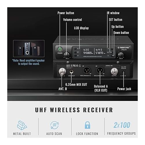  Phenyx Pro Wireless Microphone System Dual Wireless Mics,w/ 2 Handheld Dynamic Microphones, 2x100 Adjustable UHF Channels, Auto Scan,328ft Range,Microphone for Singing, Karaoke, Church(PTU-71-2H)