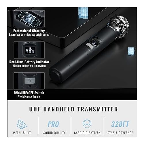  Phenyx Pro Wireless Microphone System Dual Wireless Mics,w/ 2 Handheld Dynamic Microphones, 2x100 Adjustable UHF Channels, Auto Scan,328ft Range,Microphone for Singing, Karaoke, Church(PTU-71-2H)