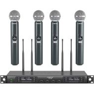 Phenyx Pro Wireless Microphone System, Quad Channel Wireless Mic, w/ 4x40 Channels, 4 Handheld Dynamic Microphones,Auto Scan, Long Distance 328ft, Microphone for Singing, Church, Karaoke (PTU-7000A)