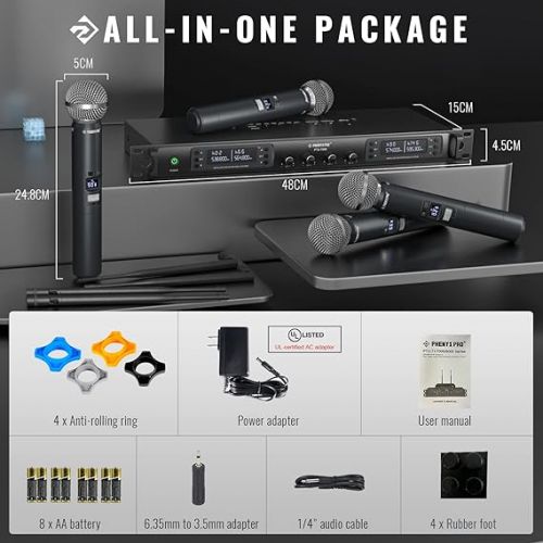  Phenyx Pro Wireless Microphone System, Quad Channel Wireless Mic, w/ 4x40 Channels, 4 Handheld Dynamic Microphones,Auto Scan, Long Distance 328ft, Microphone for Singing, Church, Karaoke (PTU-7000A)