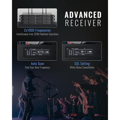  Phenyx Pro Wireless Microphone System, True Diversity Dual Cordless Microphone Set, Professional UHF Handheld Wireless Microphones w/Auto Scan, 2x1000 Channels, 328ft for Stage & Studio (PTU-2U)