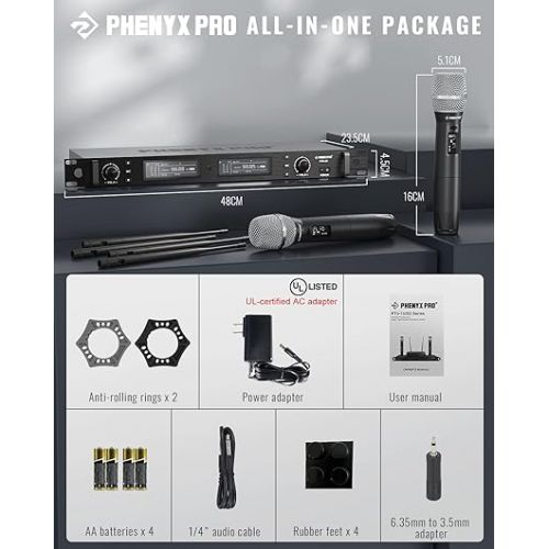  Phenyx Pro Wireless Microphone System, True Diversity Dual Cordless Microphone Set, Professional UHF Handheld Wireless Microphones w/Auto Scan, 2x1000 Channels, 328ft for Stage & Studio (PTU-2U)