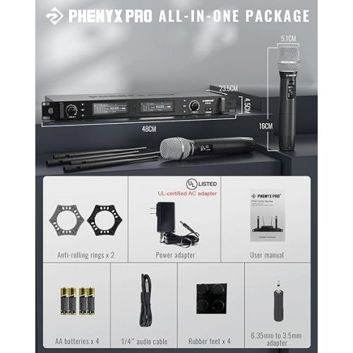  Phenyx Pro Wireless Microphone System, True Diversity Dual Cordless Microphone Set, Professional UHF Handheld Wireless Microphones w/Auto Scan, 2x1000 Channels, 328ft for Stage & Studio (PTU-2U)