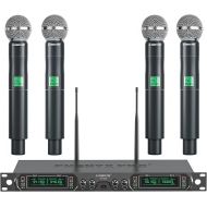Phenyx Pro Wireless Microphone System, 4-Channel UHF Wireless Mic, Fixed Frequency Metal Cordless Mic with 4 Handheld Dynamic Microphones, 260ft Range, Microphone for Singing,Church(PTU-5000-4H)