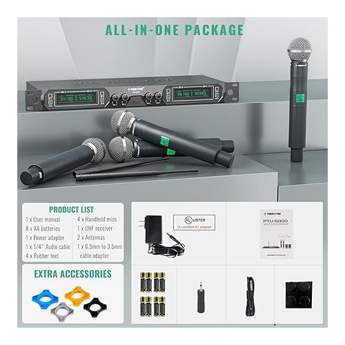  Phenyx Pro Wireless Microphone System, 4-Channel UHF Wireless Mic, Fixed Frequency Metal Cordless Mic with 4 Handheld Dynamic Microphones, 260ft Range, Microphone for Singing,Church(PTU-5000-4H)
