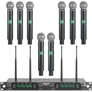 Phenyx Pro Wireless Microphone System, 8-Channel UHF Cordless Mic with Metal Handheld Wireless Mics, Fixed Frequency Dynamic Microphone for Karaoke,Church,Singing,DJ,260ft Range (PTU-4000-8H)