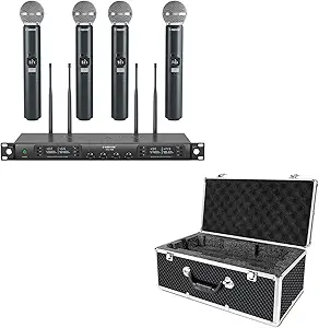 Phenyx Pro Wireless Microphone System, Quad Channel Wireless Mic, w/ 4 Handheld Dynamic Microphones (PTU-7000A) Bundle with The Extra Large Size Carrying Case