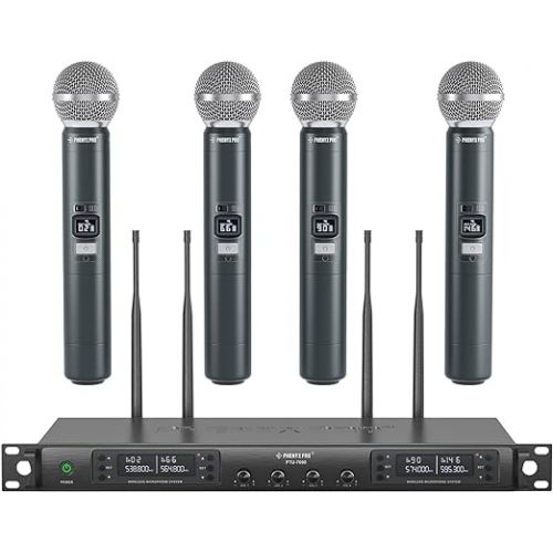  Phenyx Pro Wireless Microphone System, Quad Channel Wireless Mic, w/ 4 Handheld Dynamic Microphones (PTU-7000A) Bundle with The Extra Large Size Carrying Case