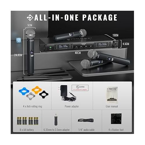 Phenyx Pro Wireless Microphone System, Quad Channel Wireless Mic, w/ 4 Handheld Dynamic Microphones (PTU-7000A) Bundle with The Extra Large Size Carrying Case