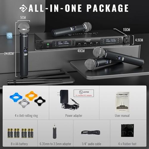  Phenyx Pro Wireless Microphone System, Quad Channel Wireless Mic, w/ 4 Handheld Dynamic Microphones (PTU-7000A) Bundle with The Extra Large Size Carrying Case