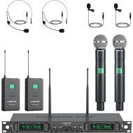 Phenyx Pro Wireless Microphone System, 4-Channel UHF Wireless Mic Set with Handheld/Bodypack/Headset/Lapel Mics, Fixed Frequency Metal Cordless Microphone for Church,Singing,DJ(PTU-5000-2H2B)