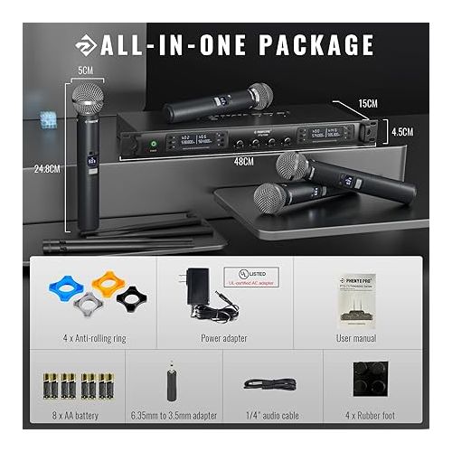  Phenyx Pro Wireless Microphone System, Quad Channel Wireless Mic, w/ 4 Handheld Microphones, 4x40 Channels, Auto Scan, Long Distance 328ft, Microphone for Singing, Church, Karaoke (PTU-7000-4H)