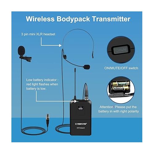  Phenyx Pro Wireless Bodypack Transmitter, UHF Bodypack Microphone for PTU-71/PTU-7000/PTU-6000, with Selectable Frequencies, Mute Function (PWB-7)