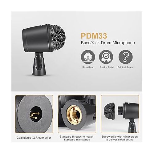  Phenyx Pro PDM33 Bass Kick Drum Mic, Cardioid Dynamic Microphone with Expanded Bass Range, Integral Stand Mount, and Long-Lasting Metal Mesh Grille