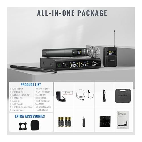  Phenyx Pro Wireless Microphone System,Metal Wireless Mic Set with Handheld Microphone/Bodypack/Headset/Lapel Mics,2 x 30 UHF Frequencies, Cordless Mic for Singing, Karaoke, Church, DJ(PTU-52-1H1B)