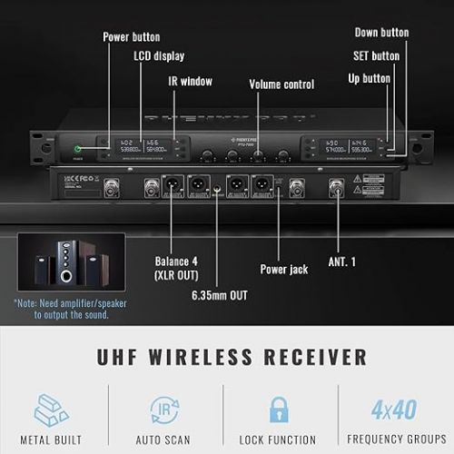  Phenyx Pro Quad Wireless Microphone System w/ 4x40 UHF Channels (PTU-7000A) Bundle with UHF Wireless Antenna Distribution System Kit