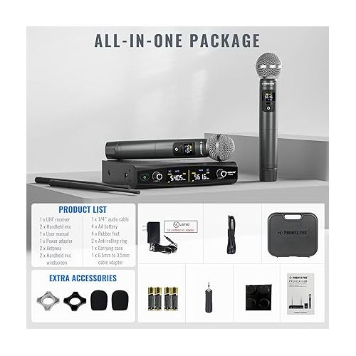  Phenyx Pro Wireless Microphone System, Metal Wireless Mic Set with Case,Handheld Cordless Dynamic Microphones for Singing, Karaoke, Church, DJ, 2x30 UHF Adjustable Frequencies,200ft Range (PTU-52-2H)