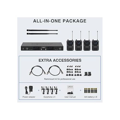  Phenyx Pro UHF Wireless in Ear Monitor System, Mono 2-Channel IEM, Metal Stage Monitor w/ 2x50 Frequencies, 164ft Long Coverage, Rack Mount Kit,for Studio/Band (4 Bodypacks)