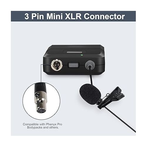  Phenyx Pro PTU-5000 Wireless Lapel Microphone with Mini XLR Jack, Unidirectional Condenser Cartridge, Ideal for Stage, Church, Conference, Interviews, Video Recording