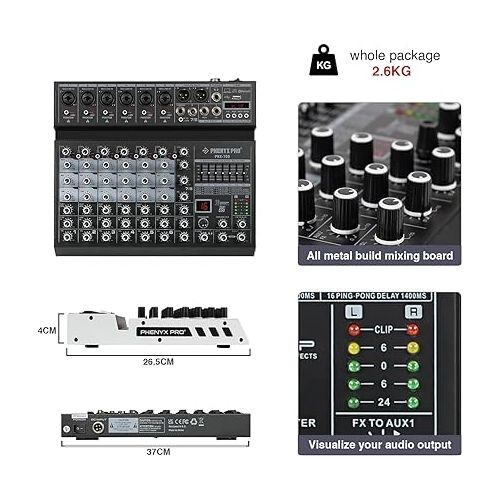  Professional DJ Mixer Audio, Phenyx Pro Sound Mixer, 8-Channel Sound Board Audio Mixer w/Bluetooth & USB Audio Interface, Stereo Equalizer, 16 DSP Effects, 3-Band EQ, For Studio & Stage (PRX-700)
