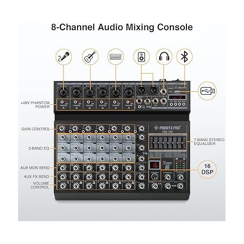  Professional DJ Mixer Audio, Phenyx Pro Sound Mixer, 8-Channel Sound Board Audio Mixer w/Bluetooth & USB Audio Interface, Stereo Equalizer, 16 DSP Effects, 3-Band EQ, For Studio & Stage (PRX-700)