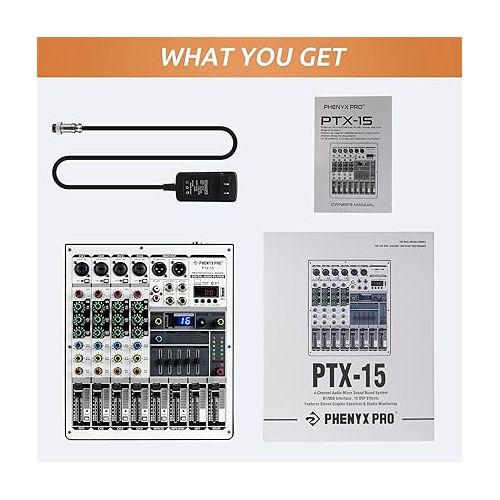  Professional Audio Mixer, Phenyx Pro Sound Mixer w/USB Audio Interface, 4-Channel Sound board Dj Mixer w/Stereo Equalizer, 16 DSP Effects, suitable for Stage, Live Gigs, and Karaoke (PTX-15)