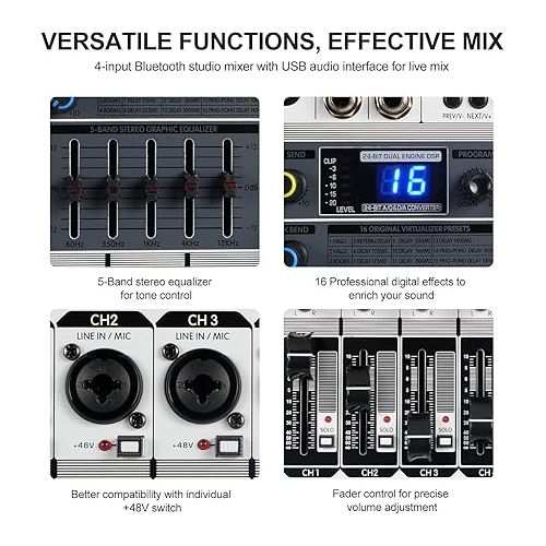 Professional Audio Mixer, Phenyx Pro Sound Mixer w/USB Audio Interface, 4-Channel Sound board Dj Mixer w/Stereo Equalizer, 16 DSP Effects, suitable for Stage, Live Gigs, and Karaoke (PTX-15)