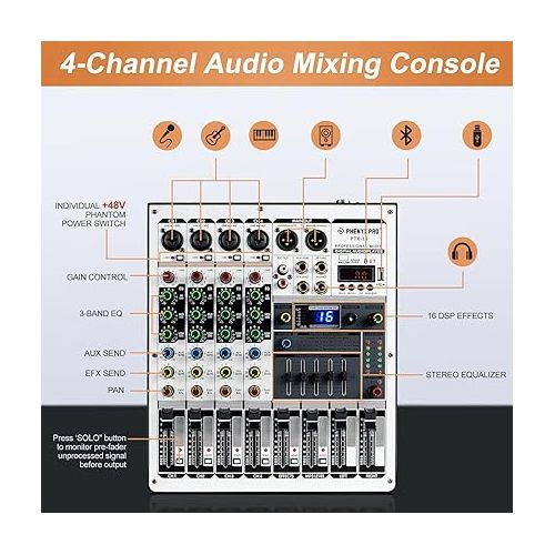  Professional Audio Mixer, Phenyx Pro Sound Mixer w/USB Audio Interface, 4-Channel Sound board Dj Mixer w/Stereo Equalizer, 16 DSP Effects, suitable for Stage, Live Gigs, and Karaoke (PTX-15)