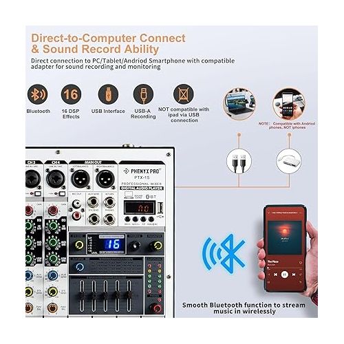  Professional Audio Mixer, Phenyx Pro Sound Mixer w/USB Audio Interface, 4-Channel Sound board Dj Mixer w/Stereo Equalizer, 16 DSP Effects, suitable for Stage, Live Gigs, and Karaoke (PTX-15)