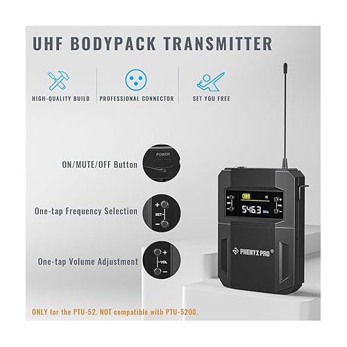  Phenyx Pro PTU-52 Wireless UHF BodyPack Transmitter with 3-Pin XLR Jack & Selectable 30 Frequencies, Compatible with PTU-52 Wireless Microphone System