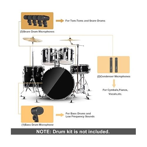  Phenyx Pro Drum Microphone Kit, Drum Mics 7-Pieces, Full Metal Wired Dynamic Drum Mic Set for Bass/Tom/Snare/Hi-hat Cymbals, with Carrying Case + Mic Holder + Thread Drum Mic Clip (PTD-10)