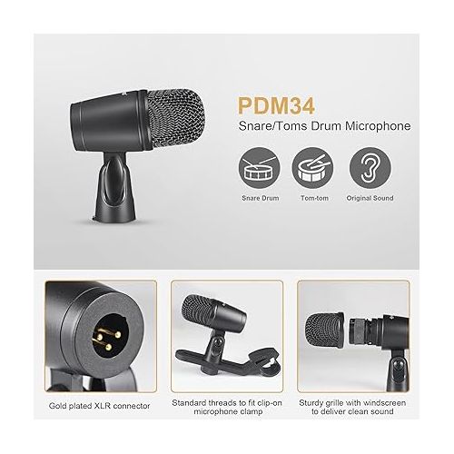  Phenyx Pro Drum Microphone Kit, Drum Mics 7-Pieces, Full Metal Wired Dynamic Drum Mic Set for Bass/Tom/Snare/Hi-hat Cymbals, with Carrying Case + Mic Holder + Thread Drum Mic Clip (PTD-10)