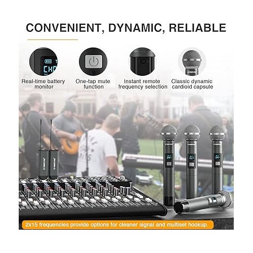  Phenyx Pro Dual Digital Wireless Microphone System, w/2 Handheld Dynamic Microphones,15 UHF Frequency Groups, Mini Receiver, Metal Cordless Microphone for Karaoke,Church,DJ,Singing (PDP-2-2H)