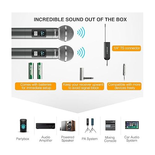  Phenyx Pro Dual Digital Wireless Microphone System, w/2 Handheld Dynamic Microphones,15 UHF Frequency Groups, Mini Receiver, Metal Cordless Microphone for Karaoke,Church,DJ,Singing (PDP-2-2H)