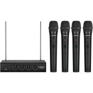 Phenyx Pro Wireless Microphone System, 4 Channel VHF Wireless Mics, w/ 4 Handheld Dynamic Microphones, Metal Receiver, Long Range, Microphone for Singing, Karaoke, Church (PTV-2000A)