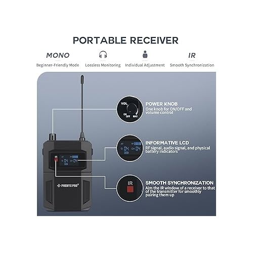  Phenyx Pro UHF Mono Dual Wireless in-Ear Monitor System, Metal Wireless IEM System, Sturdy Bodypack Receiver, 2x50 Frequencies, Separate Outputs,164ft Operation, Suitable for Band and Studio (PTM-22)