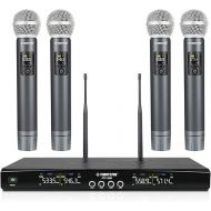 Phenyx Pro Wireless Microphone System, Metal Wireless Mic Set with 4 Cordless Mics, 4x25 UHF Adjustable Frequencies, 200ft Range, Dynamic Microphones for Singing, Karaoke, Church, DJ (PTU-5200-4H)