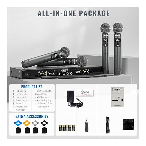  Phenyx Pro Wireless Microphone System, Metal Wireless Mic Set with 4 Cordless Mics, 4x25 UHF Adjustable Frequencies, 200ft Range, Dynamic Microphones for Singing, Karaoke, Church, DJ (PTU-5200-4H)